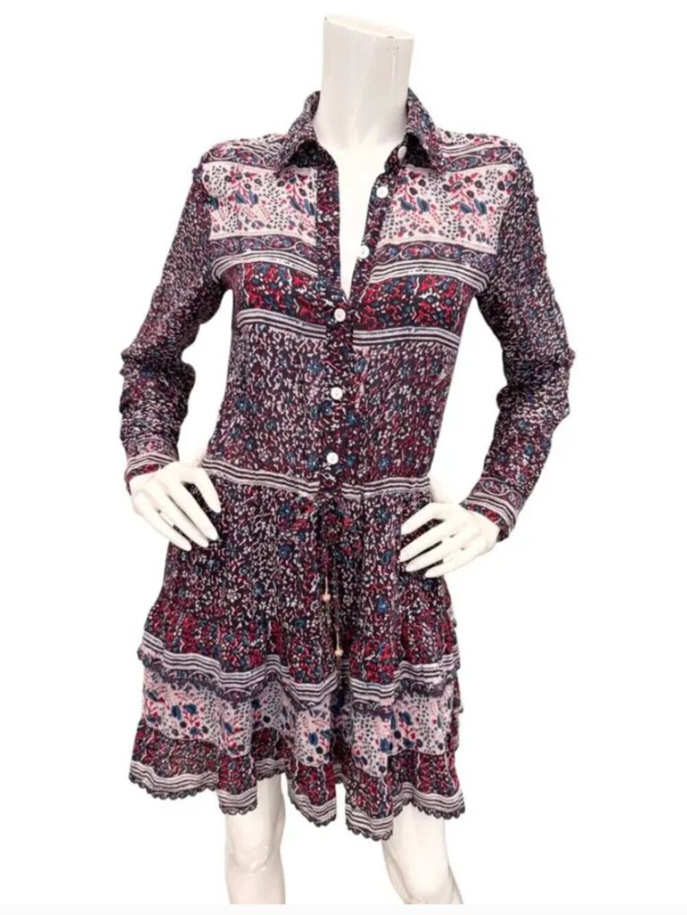 Alicia Bell Mini Dress Small Boho Print Long Sleeve Tiered Drawstring Tassel M